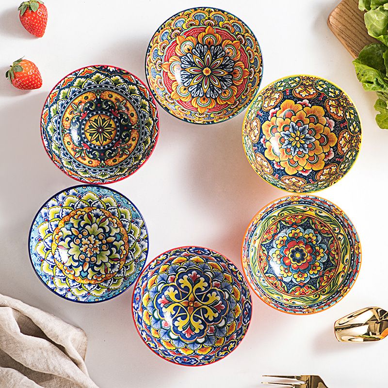 Set de boluri pentru supă din ceramică, stil boem, 6 piese, pictate manual, sub glazură, veselă, potrivită pentru cuptorul cu microunde, se poate spăla în mașina de spălat vase, boluri mari pentru tăiței de 940 ml_voghion.com