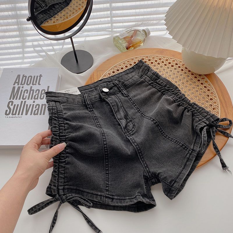 Denim shorts for women's summer high waisted A-line spicy girl slimming thin style with internet red drawstring elastic_voghion.com