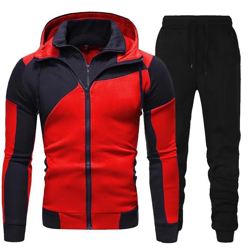 New Men's Personalized Splice Double Layer Zipper Hoodie European Size Fashion Casual Exercise Set for Men_voghion.com