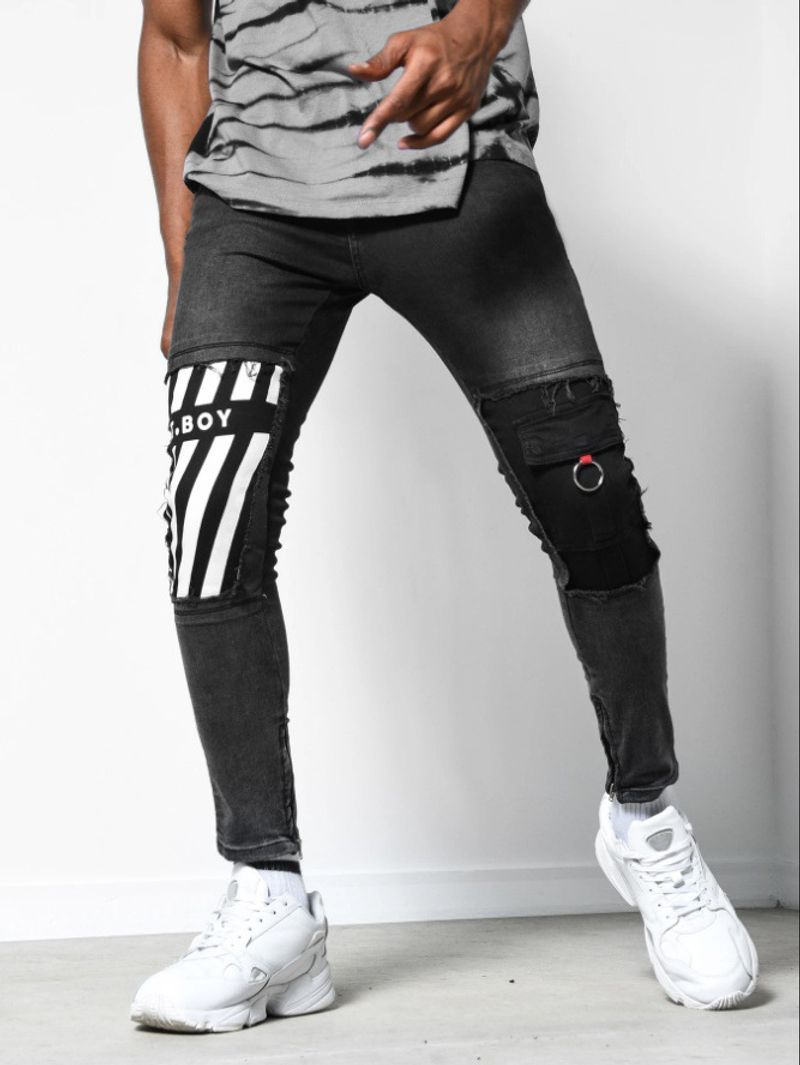 Zerrissene und gebleichte Slim-Denim-Hose für Herren mit modisch bedruckten Chinos_voghion.com