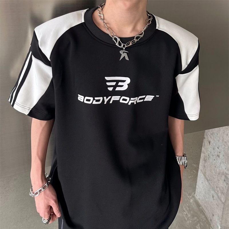 Men's Clothing Niche design neutral style color matching print shoulder pad short-sleeved T-shirt men's summer loose casual half-sleeved trendy tops_voghion.com