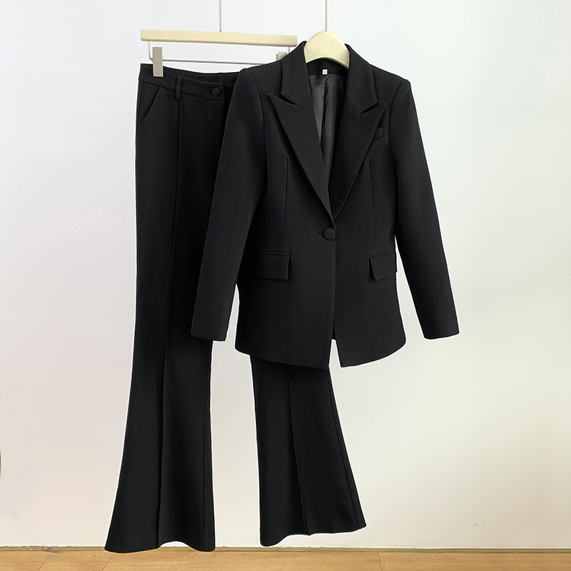 Dunkelblauer mittellanger Blazer, Ein-Knopf-Bootcut-Hose mit weitem Bein, modischer lässiger zweiteiliger Hosenanzug, trendig_voghion.com