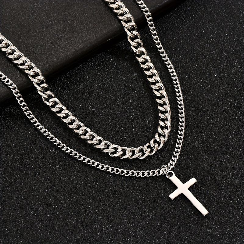 Hot Selling Stainless Steel Cuban Clavicle Double Layer Cross Necklace Fashionable Elegant Sweater Chain Wholesale_voghion.com
