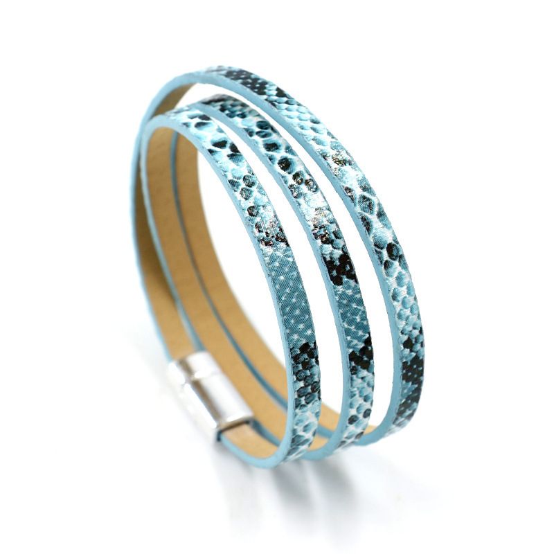 Foreign Trade Men's Multi-layer Snake Pattern PU Magnetic Buckle Leather Bracelet For Women_voghion.com