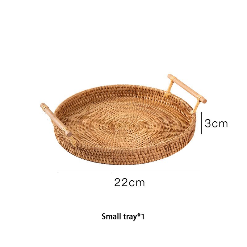 Handwoven Rattan Storage Tray With Wooden Handle Round Wicker Basket Bread Food Plate Fruit Cake Platter Dinner Serving Tray_voghion.com