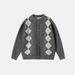 Men's Vintage Diamond Pattern Knit Cardigan Sweater - Unisex Autumn Winter Plaid Jacquard Pullover Coat With Contrast Color Design_voghion.com