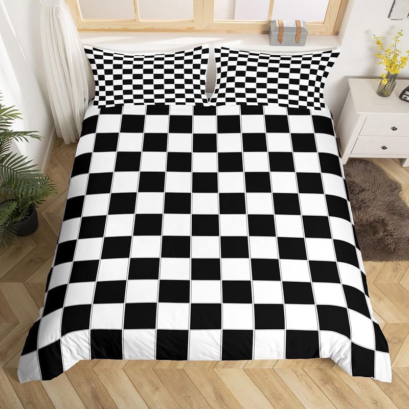 Black And White Plaid Duvet Cover Set Single Kids Reversible Geometric Gingham Decor Comforter Cover Farmhouse Nordic Style Grid Pattern Bedding_voghion.com