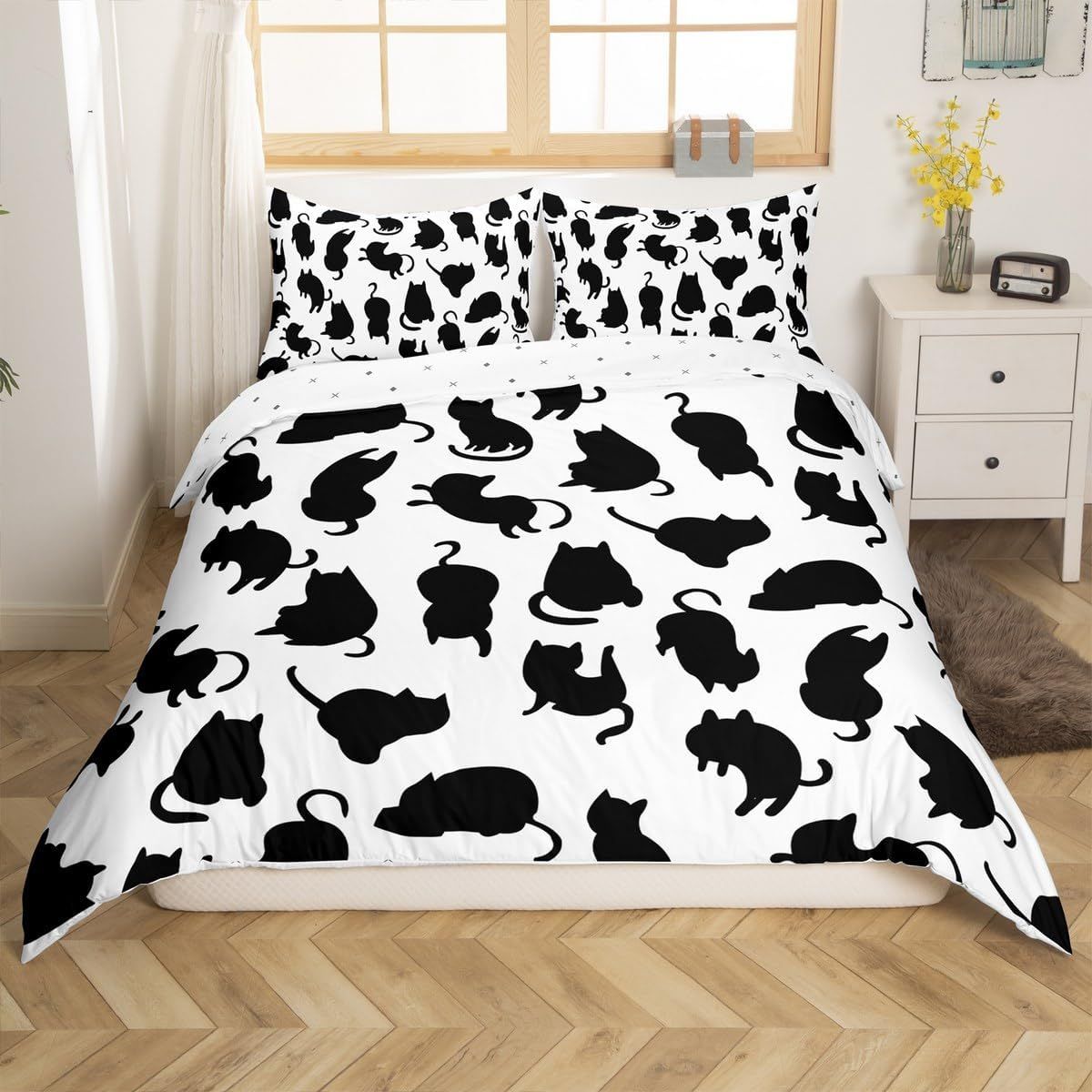 Black White Cats Print Duvet Cover Set Teens Cute Kitten Bedding Set Cartoon Animals Comforter Cover With 2 Pillowcases Cat Lover's Gift Beds Set_voghion.com