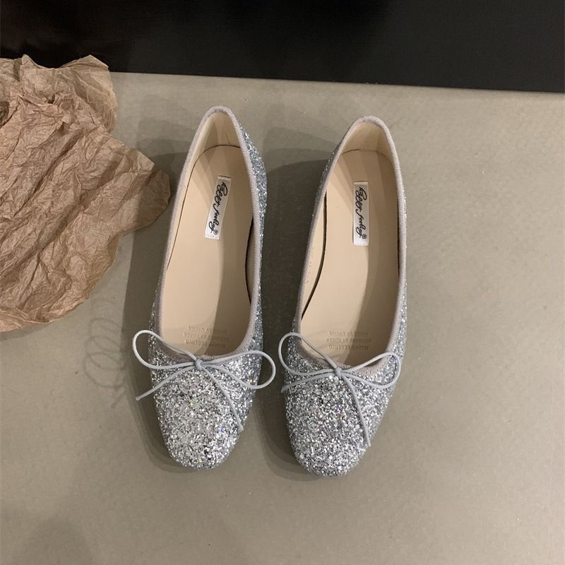 2024 Spring Autumn New Fine Sparkling Style Flat sole Single for and Ladies Bow Shallow Mouth Ballet Dance Shoes_voghion.com