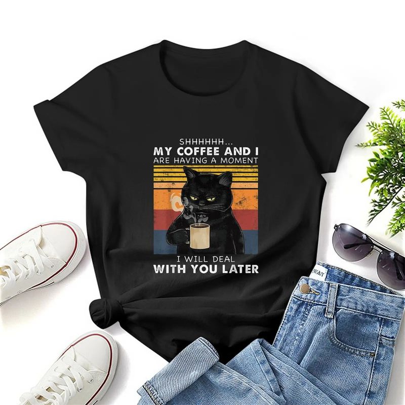 É isso que eu faço, bebo café, odeio pessoas, camiseta estampada de gato preto, camiseta gráfica casual, manga curta, camiseta feminina._voghion.com