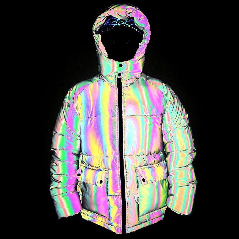 Abbigliamento maschile cappotto di cotone riflettente colorato tascabile tridimensionale cappotto di cotone con cappuccio luminoso color arcobaleno cappotto di cotone di grandi dimensioni_voghion.com