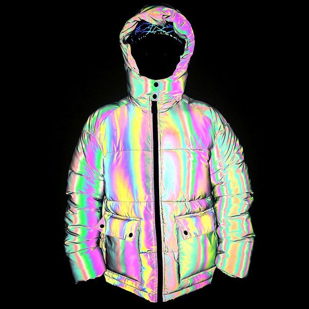 Abbigliamento maschile cappotto di cotone riflettente colorato tascabile tridimensionale cappotto di cotone con cappuccio luminoso color arcobaleno cappotto di cotone di grandi dimensioni_voghion.com