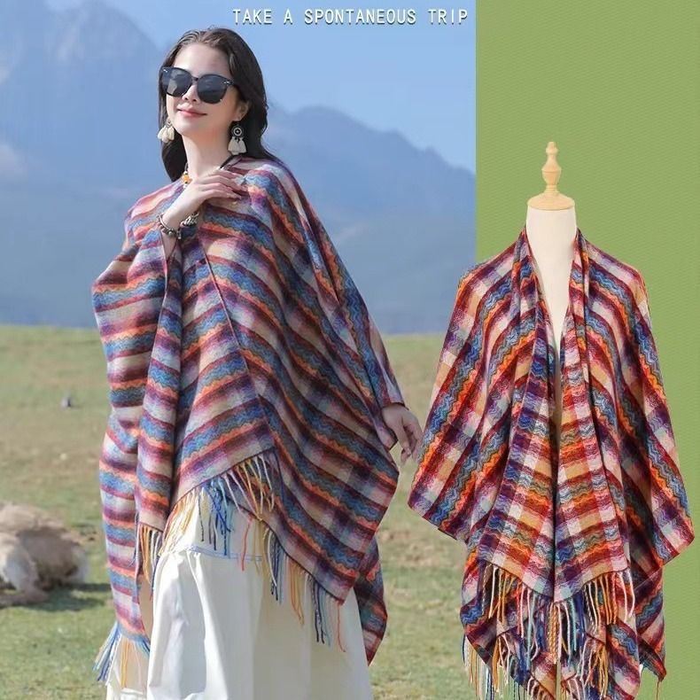 Colorful checkered ethnic style women's shawl, warm windproof scarf, grassland photography cape, spring and autumn_voghion.com