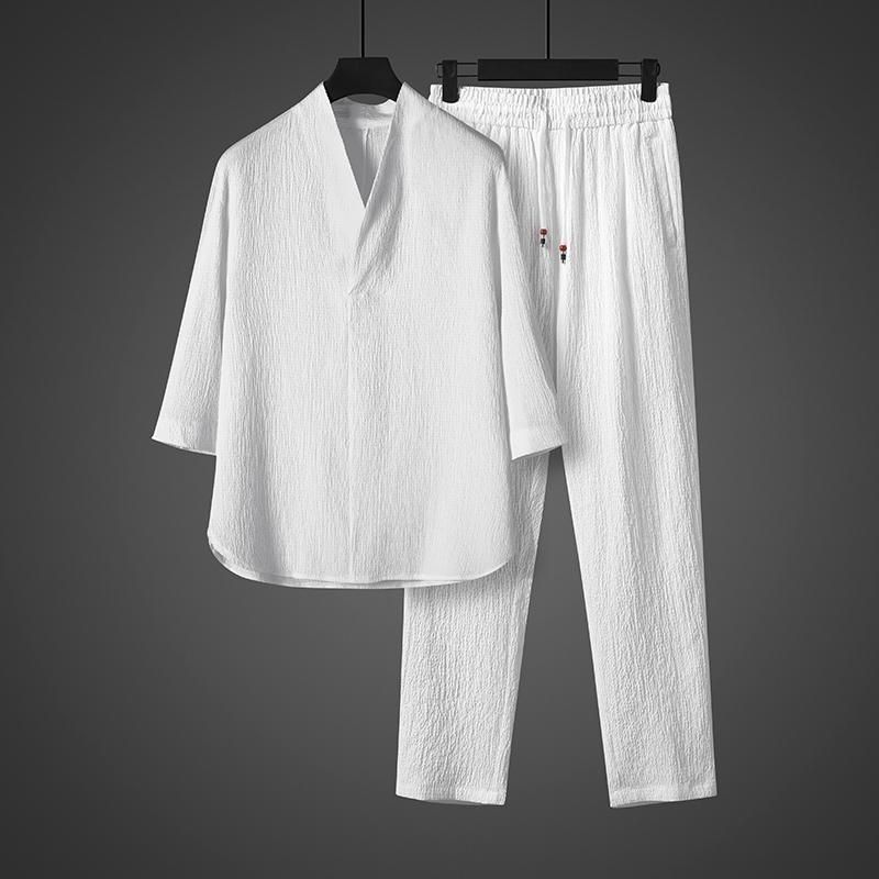 Herrenbekleidung Herren Dünnes T-Shirt Herren Kurzarm Sommer Lose Große Größe Tang-Anzug Zweiteiliger Anzug_voghion.com