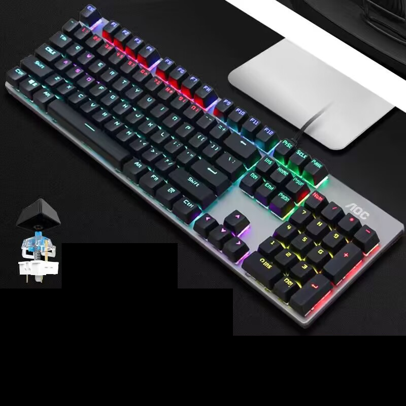 Teclado mecânico de metal prateado K100 com cabo USB e botão de mão para jogos_voghion.com