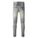 Jean bleu délavé à patchwork de mode Pantalon en denim pour hommes à poches multiples avec fermeture éclair Pantalon de motard déchiré en denim de créateur pour hommes_voghion.com