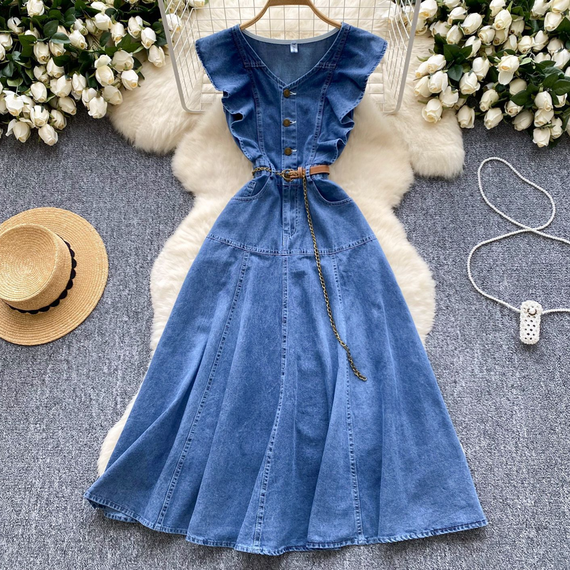 Dameskleding Retro Design V-hals Ruffle Stiksels Enkelrijs Taille Afslankend Temperament Knielange Denim Jurk_voghion.com