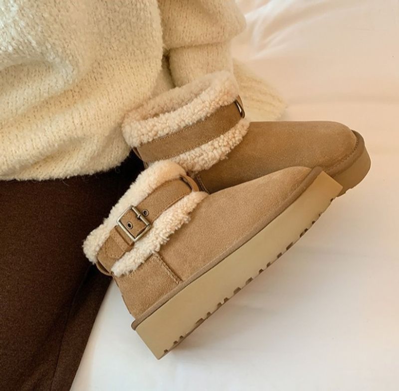 Early Snow Muses ~ Lamb Fur Buckle Snow Boots Women's Ankle Boots Thick Bottom Winter Hot Fleece Lined Padded Warm Keeping Cotton Shoes _voghion.com