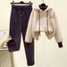 Ensemble deux pièces d'hiver douillet : sweat à capuche doublé polaire et pantalon en laine pour femmes de petite taille, tenue décontractée pour étudiantes._voghion.com