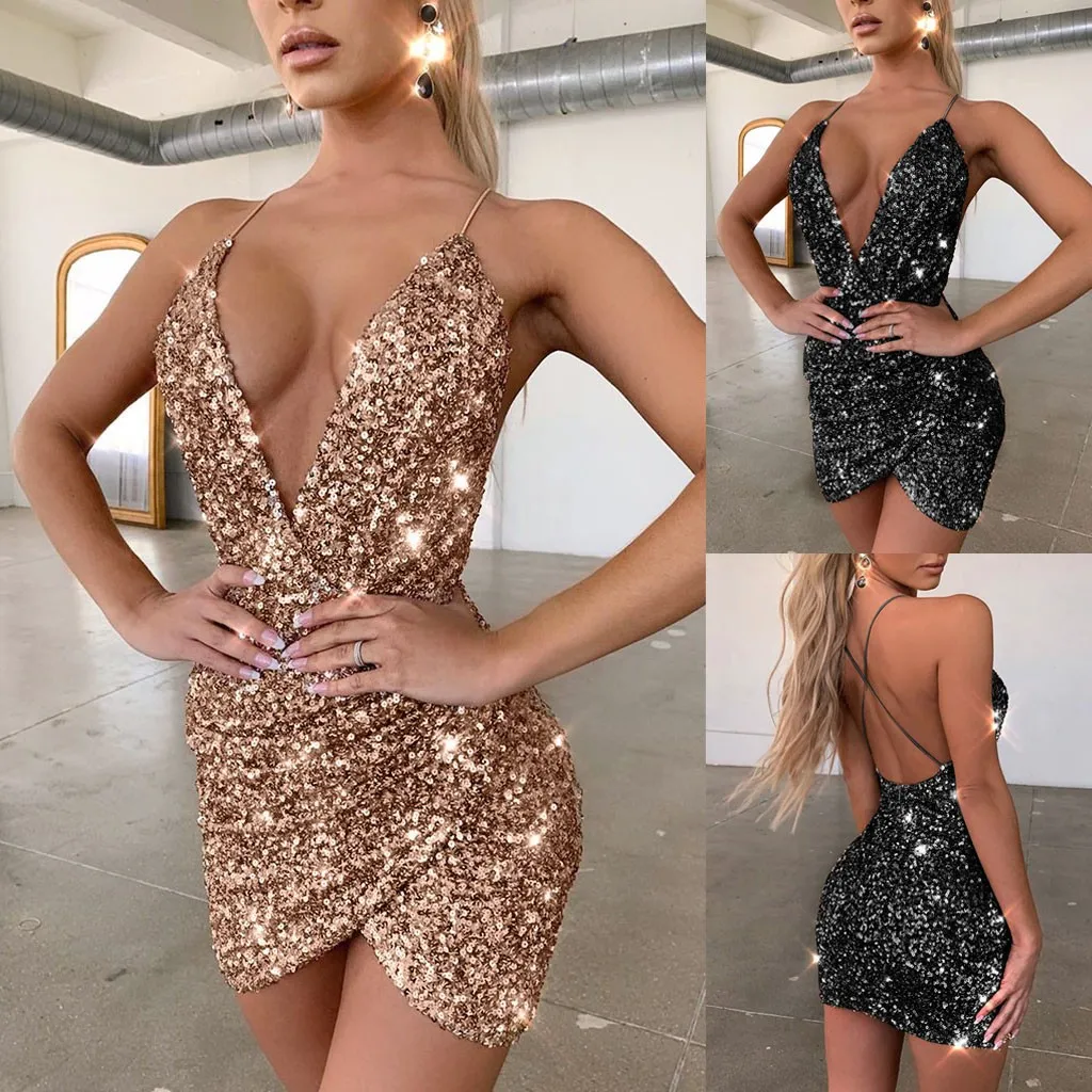 Women's Clothing Sparkling Sexy Backless Slit Dress With Sleeveless Design - Glitter Party Clubwear For Women (Silver, Black, Champagne, S/M/L/XL)_voghion.com