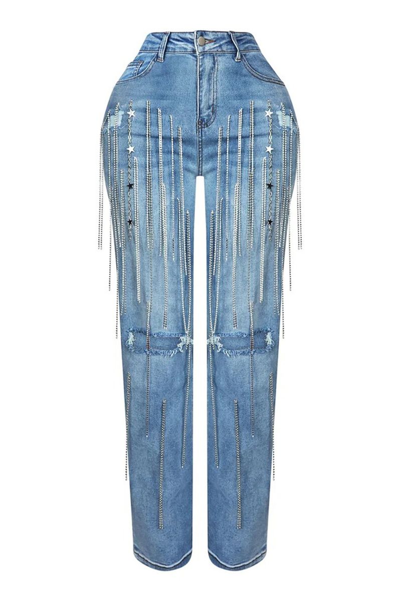 Women's Clothing Ripped Jeans For Women Irregular Tassel Rhinestones Decorated Straight Pants_voghion.com