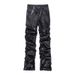 Herren High Street PU Schwarze Plissee Stacked Slim Fit Lederhose für Hip Hop Streetwear_voghion.com