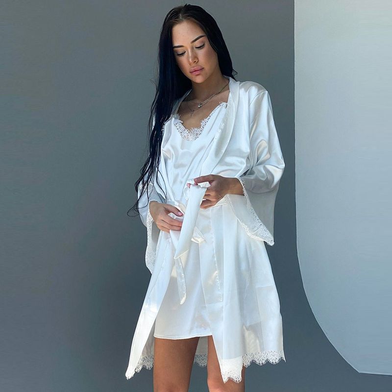 Autumn new fashionable white lace edge long sleeved nightgown, suspender nightgown set, home wear_voghion.com