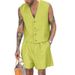 Completo estivo da uomo con canotta casual senza maniche con scollo a V, gilet, vita alta e pantaloncini a gamba larga_voghion.com