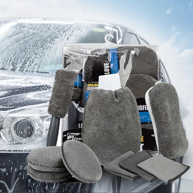 9-Piece Cleaning Tool Set Car Wash Gloves Polishing Waxing Sponge Wiping Towel_voghion.com