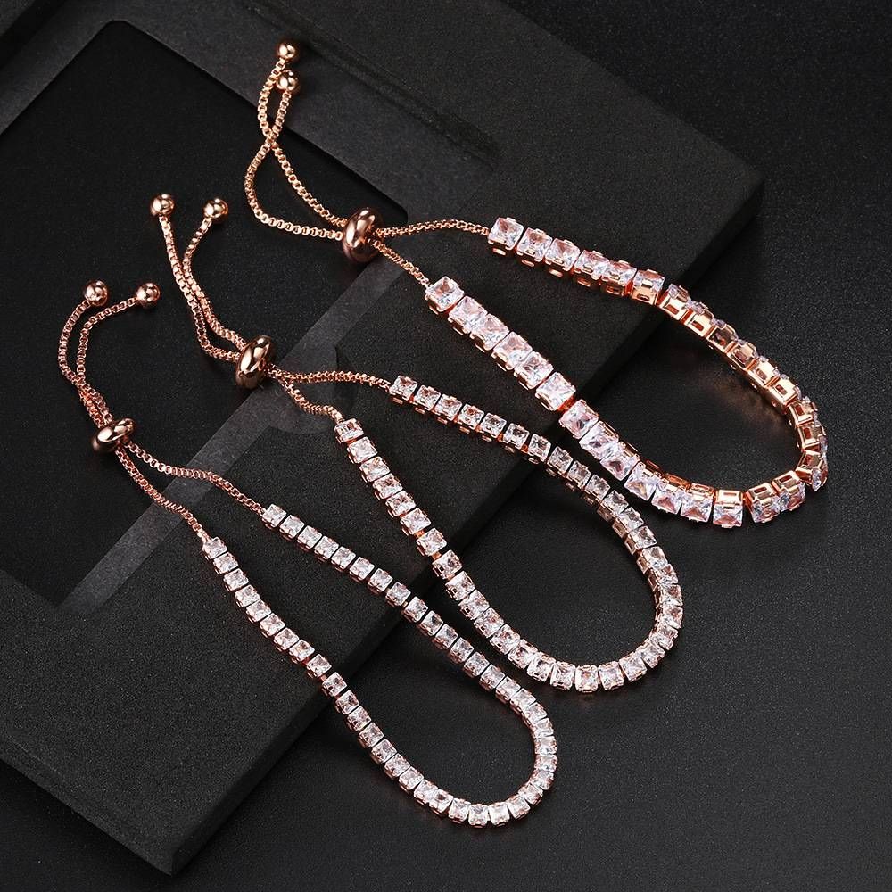 Unisex Single Row Square Zircon Bracelet For Women With Full Diamonds, Adjustable Pull Out Tennis Bracelet Jewelry_voghion.com