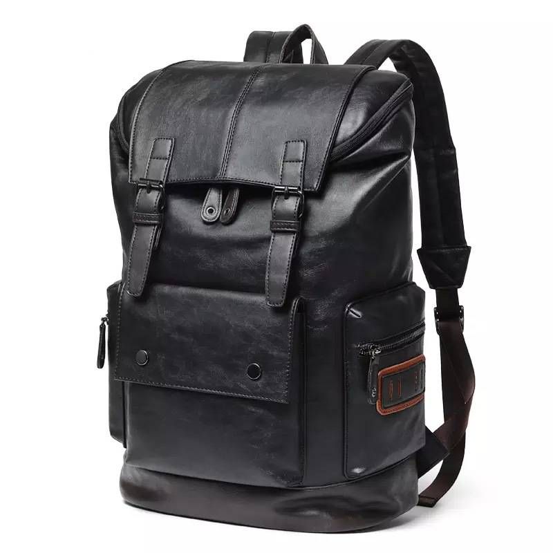 Trendy men's PU leather backpack, simple and large capacity travel backpack, student backpack, computer bag, shoulder bag_voghion.com