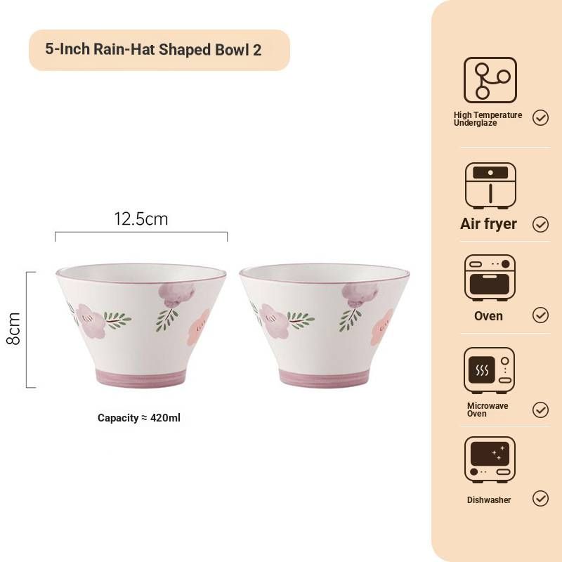 Hand-Painted Chinese Hat Bowls – 5-Inch Ceramic Rice/Noodle Bowls Set (Microwave Safe, Floral Design, New Zen Style)_voghion.com