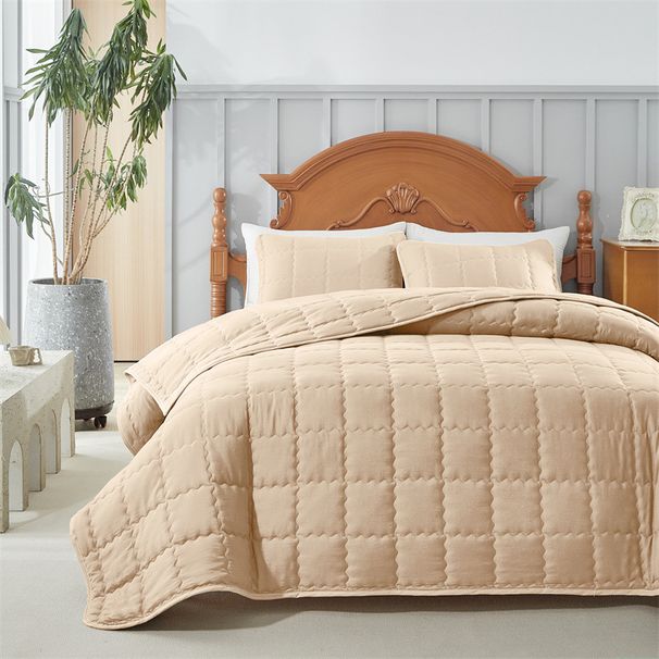 Soft Brushed Washed Cotton Quilted Bedspread Set - 3 Piece Reversible Modern Minimalist Design For 5ft Bed, Light Gray & Multi Check Patterns_voghion.com