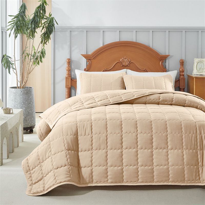 Parure de lit matelassée en coton brossé doux et délavé - 3 pièces, réversible, design minimaliste moderne pour lit de 1,5 m, gris clair et motifs à carreaux multiples_voghion.com