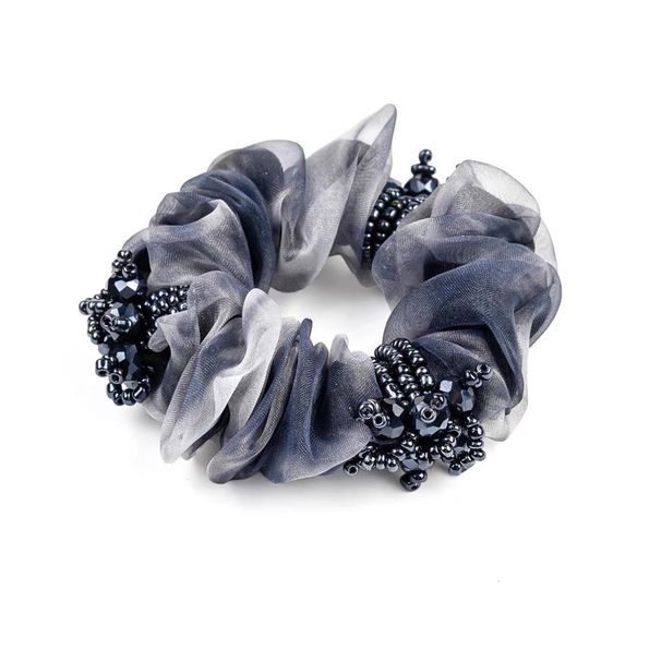 Elegante accessorio per capelli da donna, elastico per capelli in organza con perline di cristallo grigio fatto a mano_voghion.com