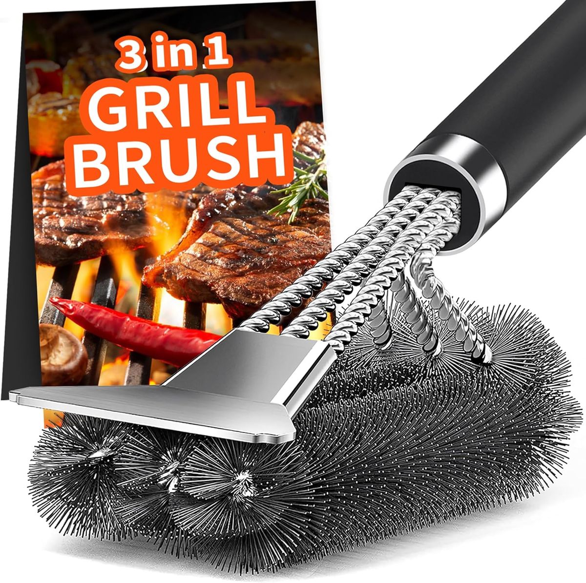 Spazzola per la pulizia della griglia in acciaio inossidabile con raschietto e manico termoisolante per griglie e piastre per barbecue_voghion.com