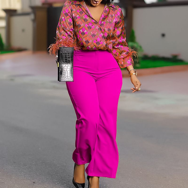 Vêtements pour femmes Chemise à manches longues imprimée Tempérament Pantalon large élégant Costume à la mode_voghion.com