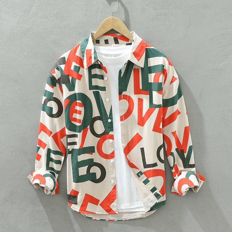 2103 camicia da uomo a maniche lunghe in cotone con stampa di lettere, camicia casual allentata di marca di moda fresca, capelli in un unico pezzo_voghion.com