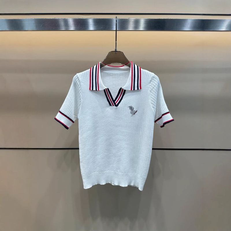 2025 Summer New Rhinestone Puppy Pattern Knitted Short Sleeve Turn-Down Collar Pullover Loose Versatile Women's Top_voghion.com