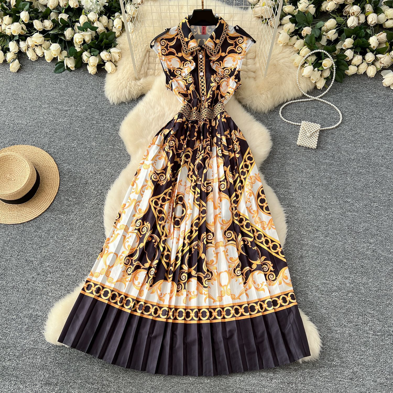 Ženska odjeća, modna haljina bez rukava s pozicionirajućim printom, polo ovratnik, ženski struk, elegantna duga plisirana suknja_voghion.com