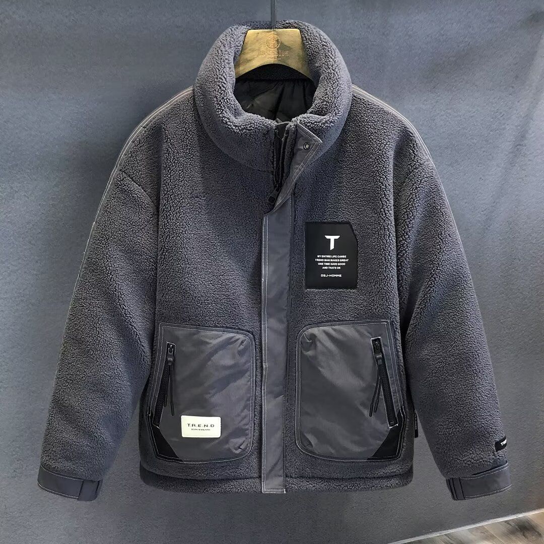 Veste polaire épaisse doublée sherpa style vintage pour homme – Coupe oversize, manteau d'hiver chaud à fermeture éclair et poches multiples (noir, gris)_voghion.com