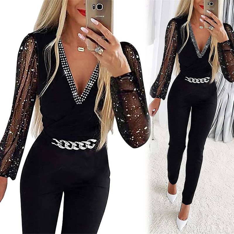 Jumpsuits Dam One Piece V-ringning Helärmad Tight Hög Midja Overaller Casual Slida Långa Pennbyxor Slim Fit_voghion.com