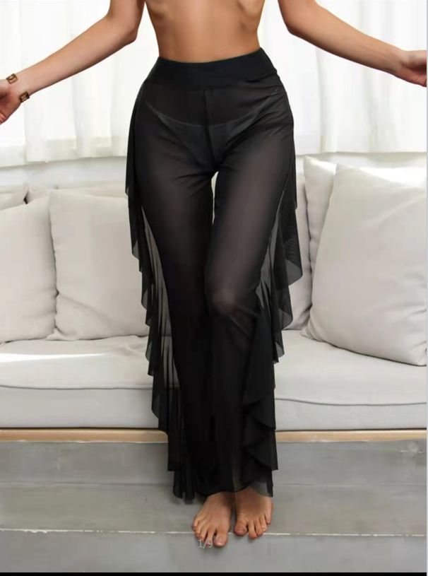Sexy Sheer Mesh Swim Cover-Up Pants Bikini Set For Women - Black/White 3-Piece Beachwear (S/M/L)_voghion.com