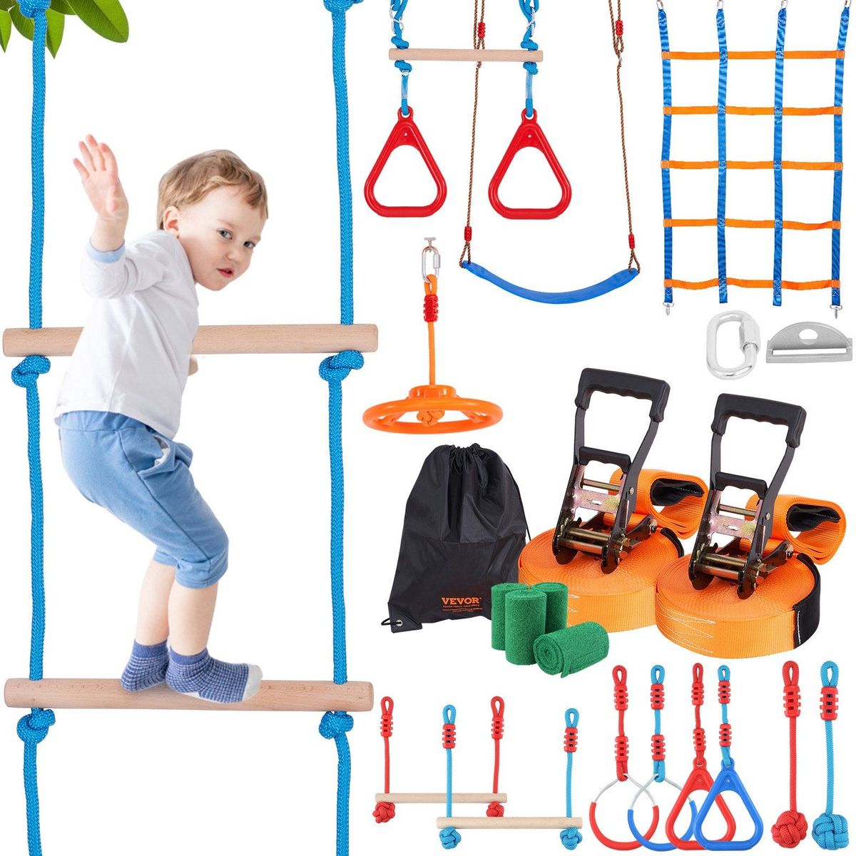 VEVOR Ninja Warrior Obstacle Course For Kids, 2 X 60 Ft Weatherproof Slacklines, 500lbs Weight Capacity Monkey Line, Outdoor Playset Equipment, Backyard Toys Training Equipment Set With 14 Obstacles_voghion.com