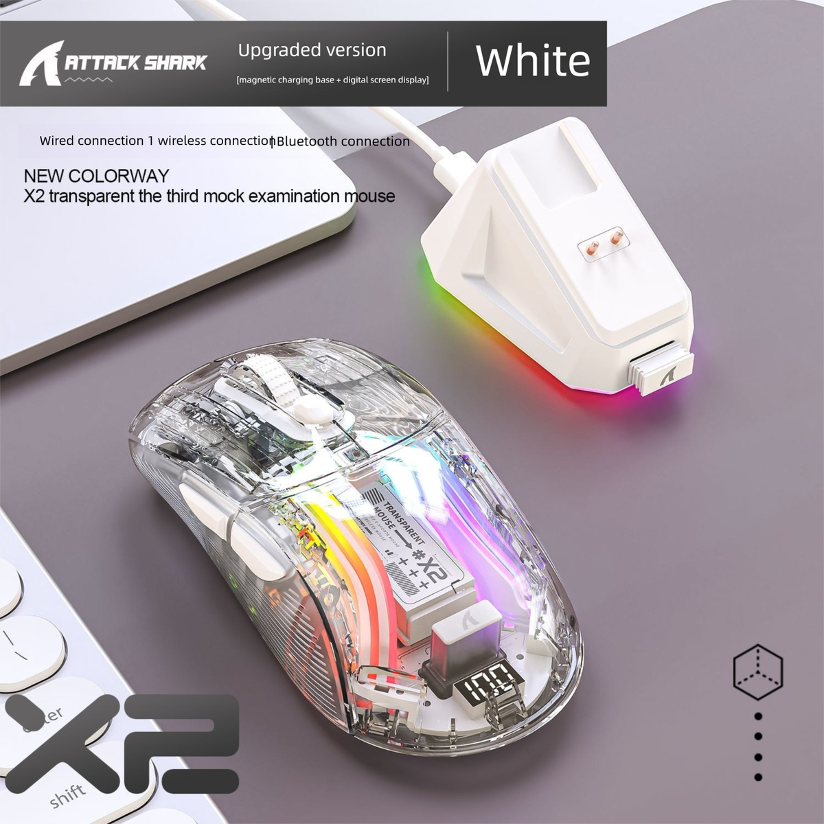 Mouse wireless Bluetooth a tre modalità Attack Shark X6 leggero PAW3395 per e-sport, base di ricarica RGB_voghion.com