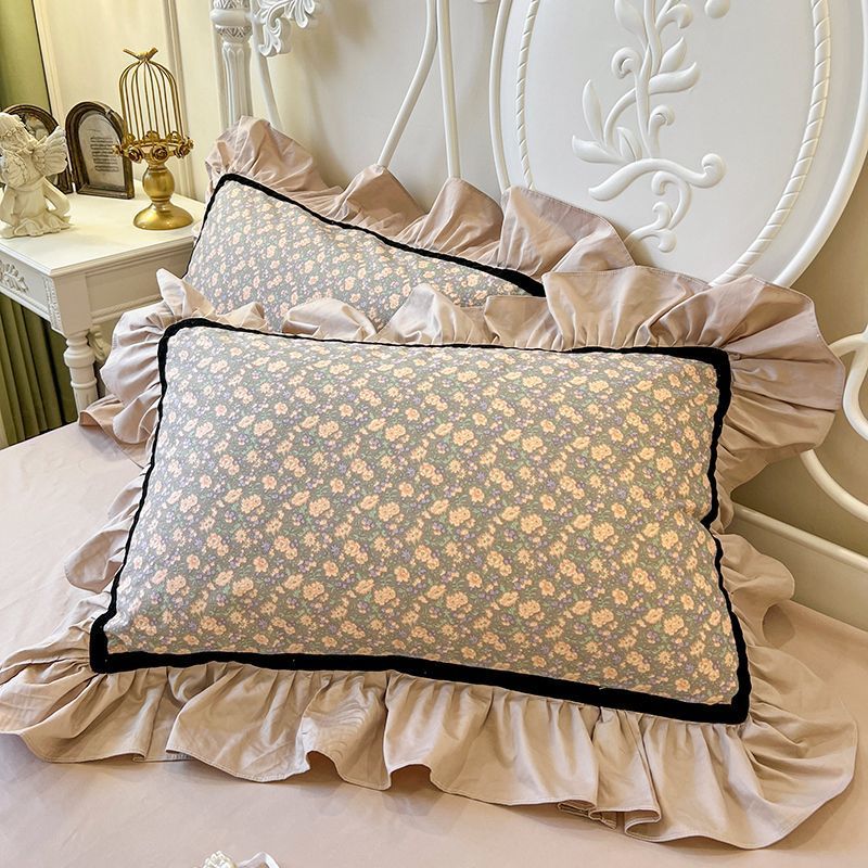 Ensemble de taies d'oreiller à volants en pur coton de style princesse pour adulte_voghion.com