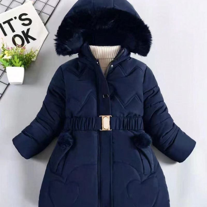 ​​Girls' Long Fleece-Lined Winter Coat (3-8 Years) – Trendy Thick Padded Jacket With Detachable Hood & Floral Design​​_voghion.com