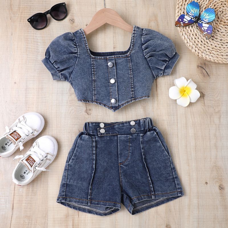 Îmbrăcăminte pentru bebeluși Rochie pentru copii de vară pentru fete, guler cu nervuri, top cu mâneci felinare, costum din denim cu mai mulți nasturi, design floral_voghion.com