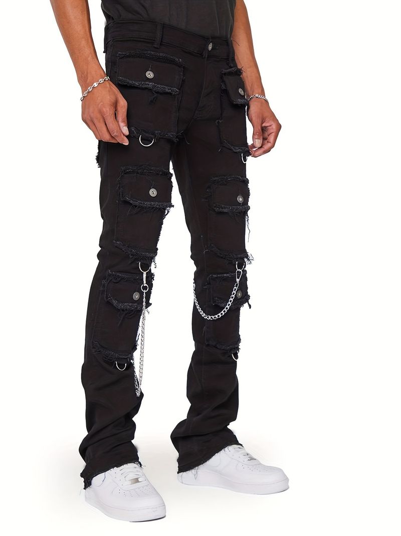 Herrenjeans mit mehreren Taschen, Street Fashion Instagram elastische Workwear-Jeans, gerade Beinhose_voghion.com