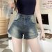 Elastic slim fit, high waisted, versatile denim shorts, women's internet celebrity, American style distressed wrap_voghion.com